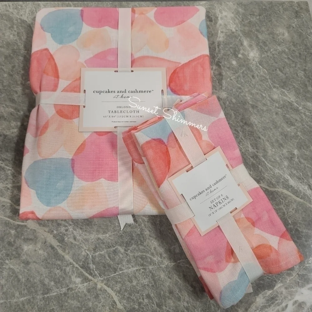 Cupcakes & cashmere watercolor valentines hearts fabric tablecloth 60x84 oblong